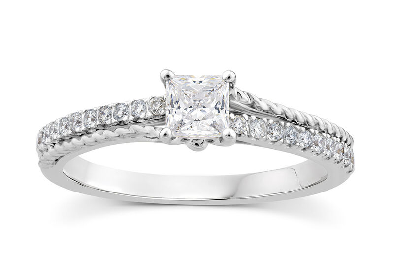 Princess Cut Diamond 5/8ctw. Two Row Beaded Engagement Ring in 14k White Gold image number null